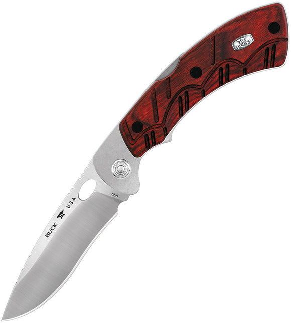 BUCK Knives Open Season Lockback Folding Drop Blade Red Wood Handle Knife - 556RWS