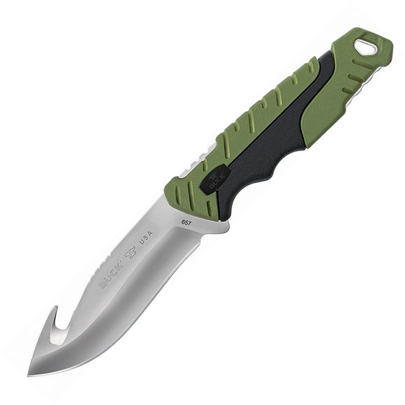 Buck Pursuit Large Black/Green 420HC Guthook Fixed Blade Knife 657GRG