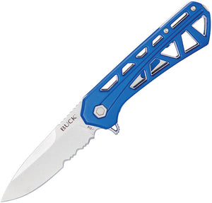 Buck Trace Linerlock Blue Aluminum Folding 7Cr17MoV Serrated Pocket Knife 812BLX