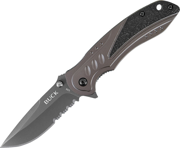 BUCK Knives Trigger Linerlock Gray Aluminum Folding Serrated Blade Knife 865BKX