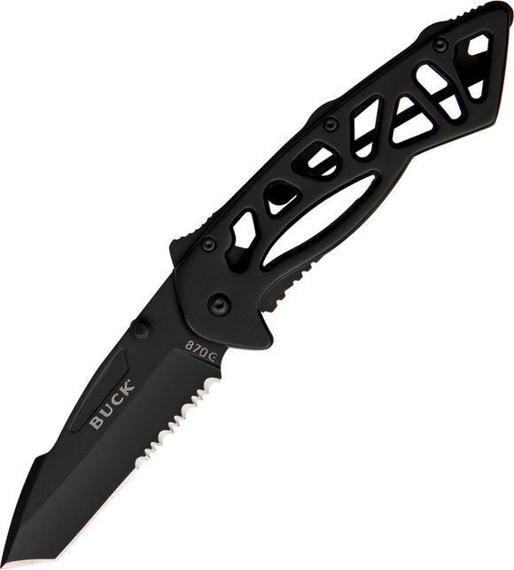 BUCK Knives Bones Black Finish Handle Folding Serrated Tanto Blade Knife 870BKX