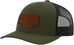 Buck Brown Leather Knife Logo Patch OD Green & Black Adjustable Strap Trucker's Hat 89160