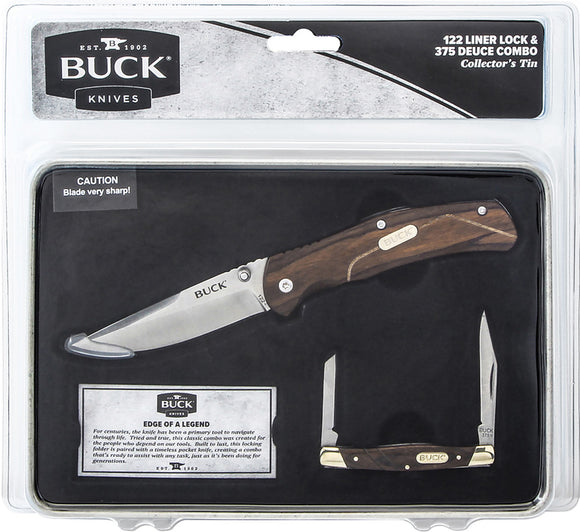 Buck 2pc Linerlock & Deuce Trapper Brown Pakkawood Folding Knife Set CMBODK1