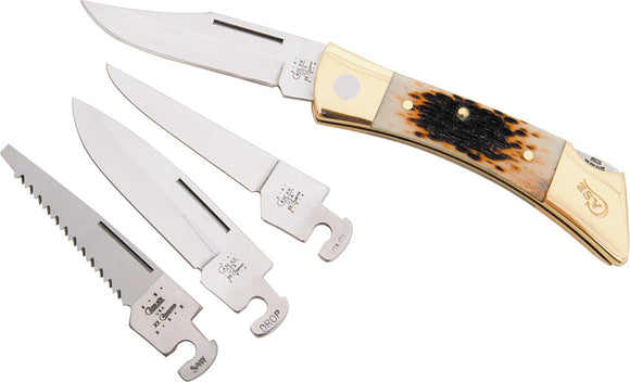 Case XX Changer Knife 4 Exchangeable Blades Amber Bone Handle Sheath 050