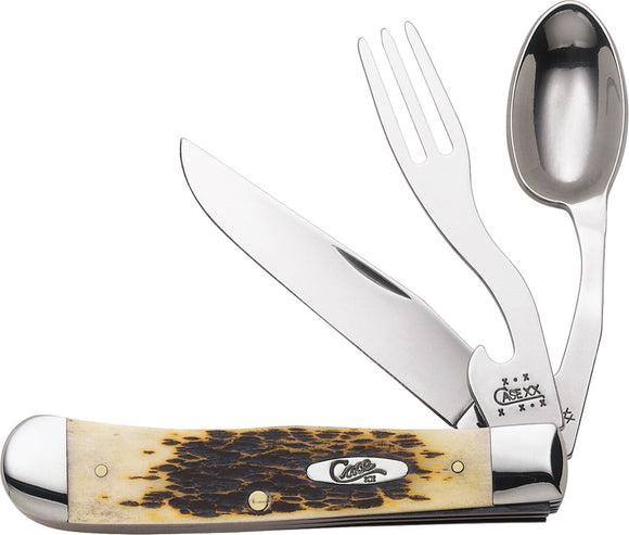 CASE XX Knives Jigged Amber Bone Handle Hobo Knife Fork and Spoon USA 052