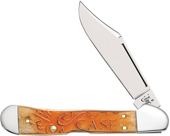 Case Cutlery Carved Orange Persimmon Bone Copperlock Folding Pocket Knife 22085