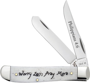 Case Cutlery Pray More Mini Trapper Bone Handle Stainless Clip Point Knife 60869