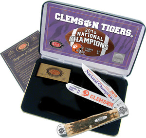 Case XX Clemson Champion Trapper Amber Bone Handle Folding Knife + Box CU16CATAB