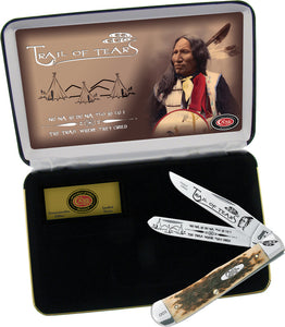 Case XX Trail of Tears Trapper Folding Blades Bone Handle Knife Gift Box Set TT