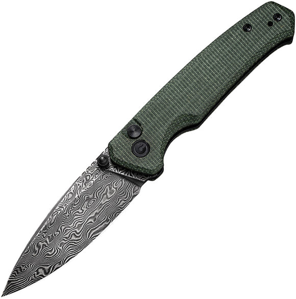 Civivi Altus Green Micarta Button Lock Damascus Drop Point Folding Knife 20076ds1