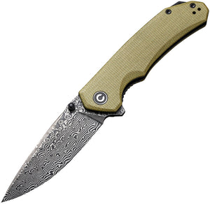 Civivi Brazen Linerlock Olive Micarta Folding Damascus Pocket Knife 2102DS2