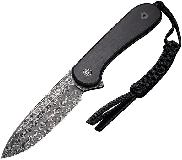 Civivi Elementum Fixed Blade Knife Black Ebony Wood Damascus w/ Sheath 2105DS1