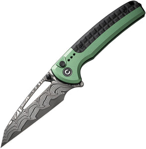 Civivi Sentinel Strike Button Lock Black & Green Aluminum & FRN Folding Damascus Knife 22025BDS1