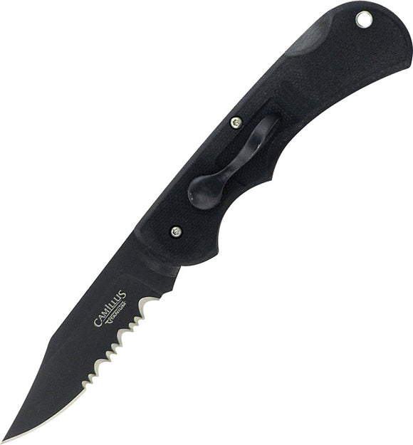 Camillus Lev-R-Lok Black G-10 Folding AUS-8 Serrated Pocket Knife 19063