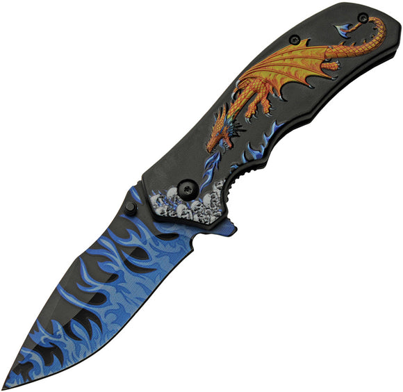 Rite Edge Pocket Knife Linerlock A/O Dragon Flame ABS Folding Stainless 300549GD