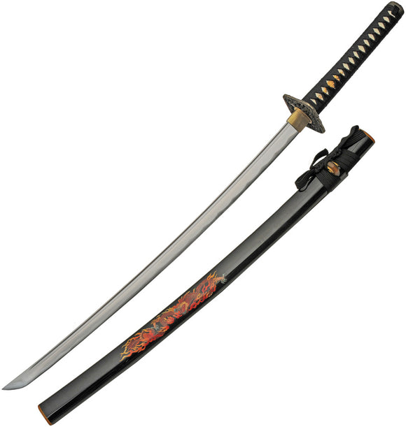 Fire Dragon Katana Black Cord Wrapped 1045 Carbon Steel Sword w/ Scabbard 926987