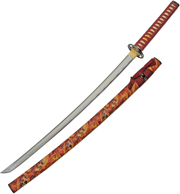 Flaming Skull Katana Red Cord Wrapped 1045 Carbon Steel Sword w/ Scabbard 926993