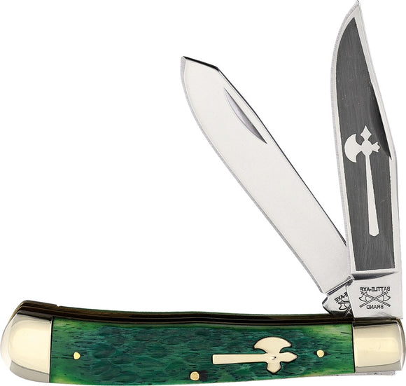 Battle Axe Trapper Limited Edition Green Bone Jigged Folding Pocket Knife USA Made 5219gb