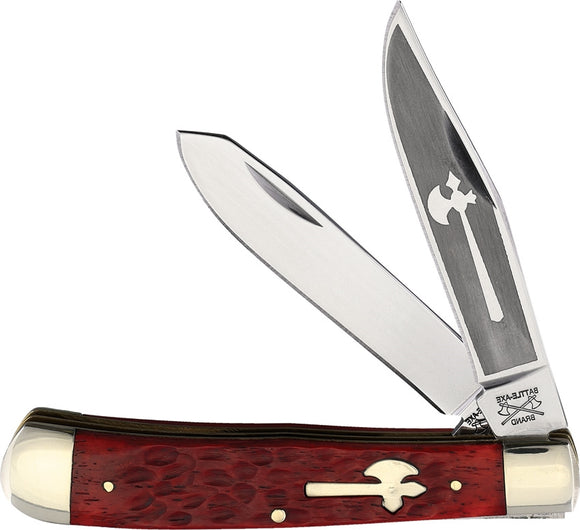 Battle Axe TrapperLimited Edition Red Bone Jigged Folding Pocket Knife USA Made 5219rb