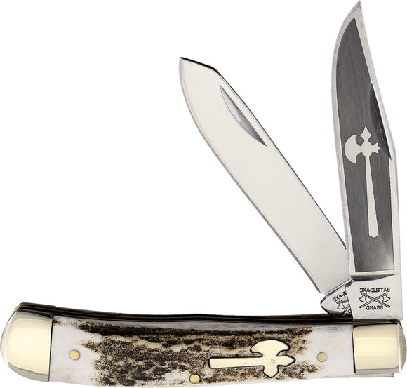 Battle Axe Trapper Limited Edition Stag Jigged Bone Folding Pocket Knife USA Made 6219s