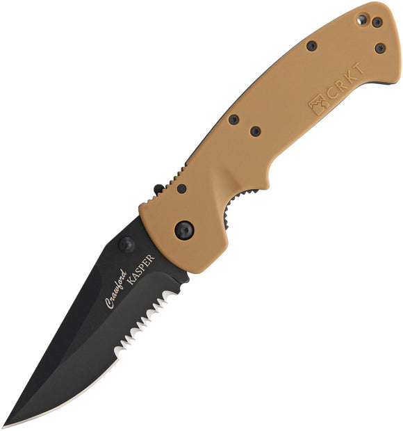 CRKT Crawford Kasper Folding Desert Tan Knife - Black Blade Half Serrated -  6783db