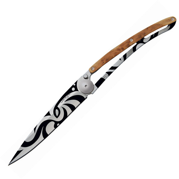 Deejo Maori Juniper Tattoo Folding Knife 37 Gram Framelock Wood - 1CB020