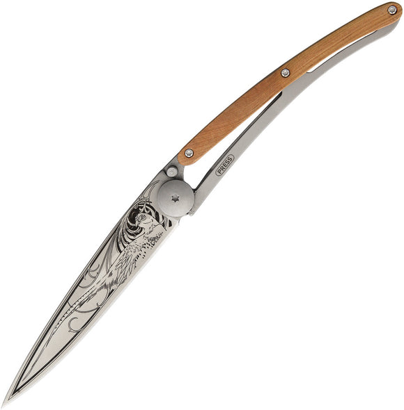 Deejo Tattoo 37G Juniper Wood Handle Pheasant Stainless Folding Knife 1CB038