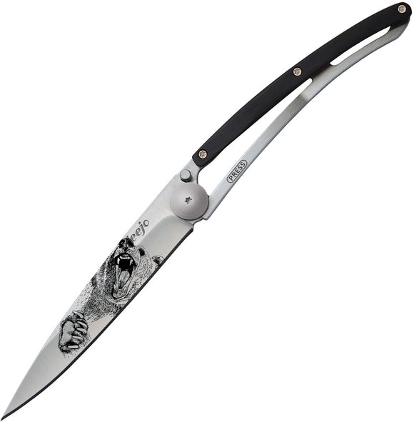 Deejo Tattoo Linerlock Grizzly Bear Folding Blade 37g Black Handle Knife 1CB040