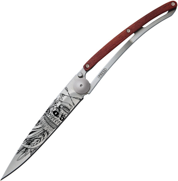 Deejo Tattoo Linerlock Lucky Skull Folding Blade 37g Wood Handle Knife 1CB041