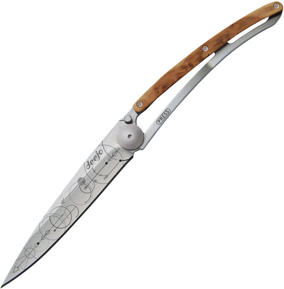 Deejo Tattoo Linerlock 37g Geometric Folding Blade Wood Handle Knife 1CB044