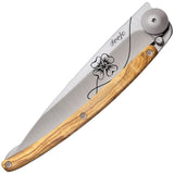 Deejo Tattoo Linerlock 37g Lucky Olive Wood Folding Pocket Knife 1cb069  -On Sale