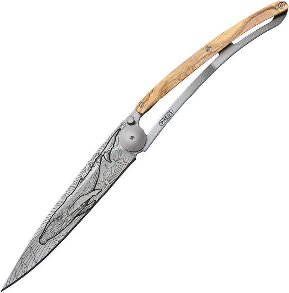 Deejo Tattoo Linerlock 37g Whale Design Olive Wood Folding Pocket Knife 1CB074