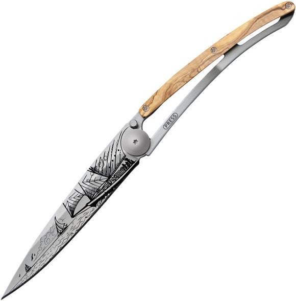 Deejo Tattoo Linerlock 37g Sailing Design Olive Wood Folding Pocket Knife 1CB079