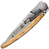 Deejo Tattoo Linerlock 37g Sailing Design Olive Wood Folding Pocket Knife 1CB079