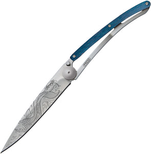 Deejo 37g Tattoo Linerlock Fish Design Blue Beech Wood Folding Pocket Knife 1CB082