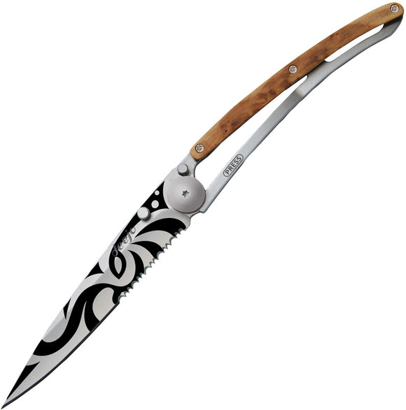 Deejo Tattoo Linerlock 37g Tribal Juniper wood serrated Folding Pocket Knife 1cb512