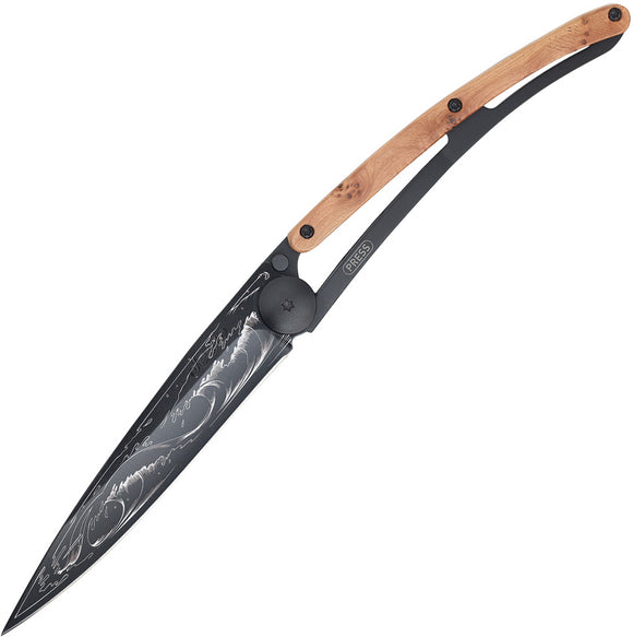 Deejo Tattoo 37g Juniper Wood Handle Wave Stainless Folding Blade Knife 1GB118
