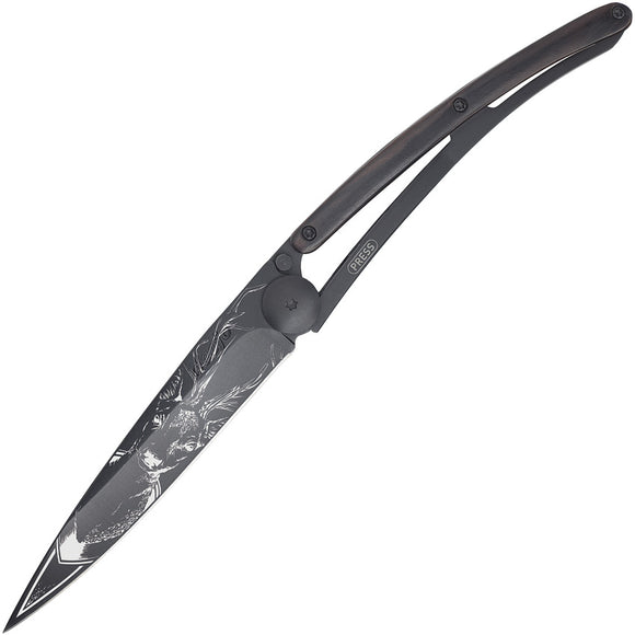 Deejo Tattoo 37g Granadilla Wood Handle Deer Black Folding Blade Knife 1GB123