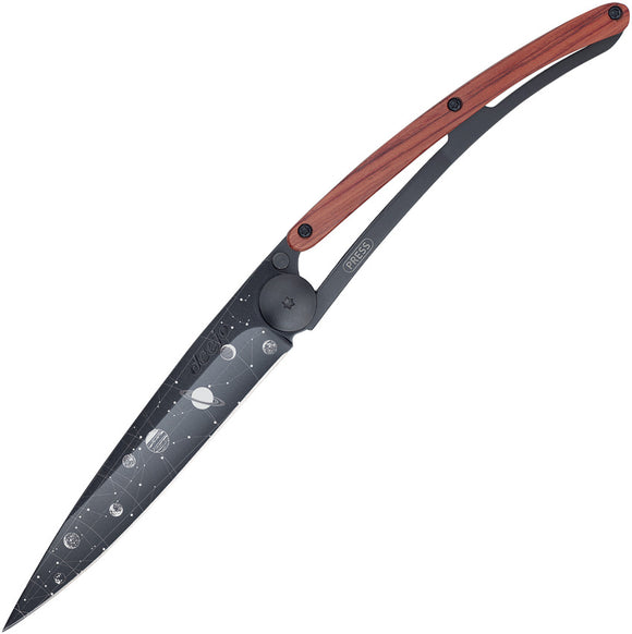 Deejo Tattoo Linerlock 37g Astrology BLK Folding Blade Wood Handle Knife 1GB124