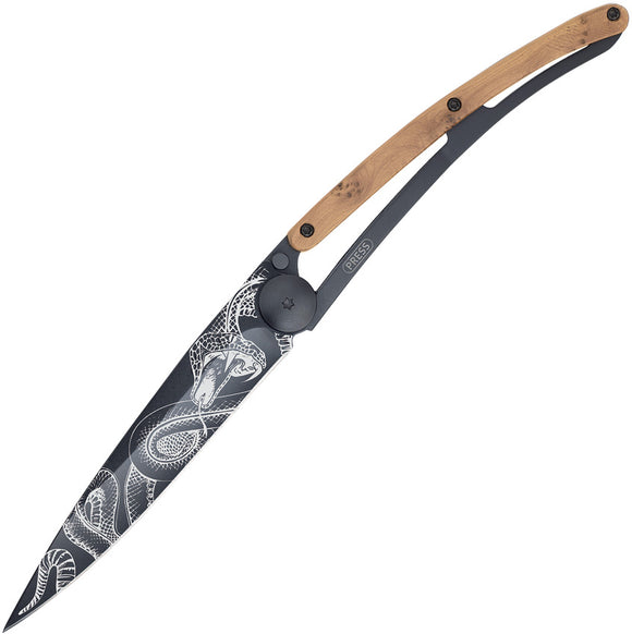 Deejo Tattoo Linerlock 37g Snake Artwork Folding Blade Wood Handle Knife 1GB127