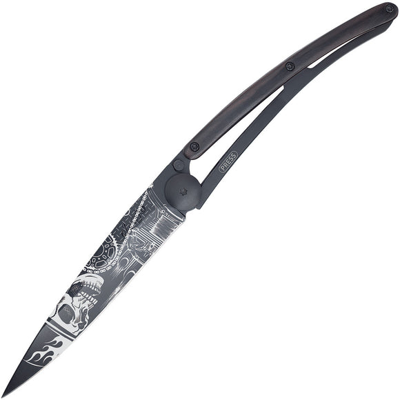 Deejo Ride Or Die Tattoo Black Titanium Linerlock 37g Ebony Wood Knife 1GB134