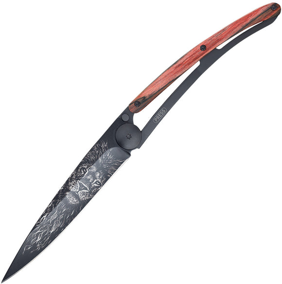 Deejo Lion Tattoo Black Titanium Coated Linerlock 37g Red Beechwood Knife 1GB142