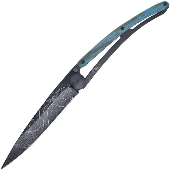 Deejo Fish Tattoo Blk Titanium Coated Linerlock 37g Blue Beechwood Knife 1GB145