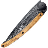 Deejo Tattoo Linerlock 37g Dragonfly Olive wood Folding Pocket Knife 1gb154