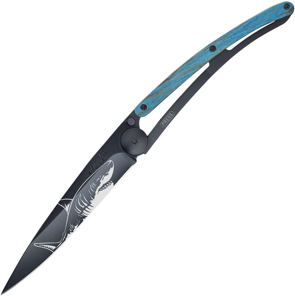 Deejo Tattoo Linerlock 37g Shark Blue Beech Wood Folding Pocket Knife 1gb158