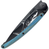 Deejo Tattoo Linerlock 37g Shark Blue Beech Wood Folding Pocket Knife 1gb158