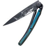 Deejo Tattoo Linerlock 37g Shark Blue Beech Wood Folding Pocket Knife 1gb158