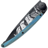 Deejo Tattoo Linerlock 37g Corsair Blue Beech wood Folding Pocket Knife 1gb159