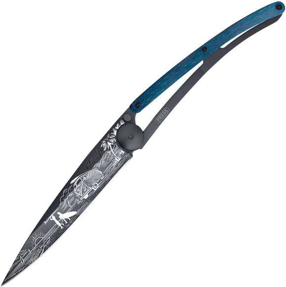 Deejo Tattoo Linerlock 37g Van Design Blue Beech Wood Folding Pocket Knife 1GB167