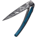 Deejo Tattoo Linerlock 37g Van Design Blue Beech Wood Folding Pocket Knife 1GB167